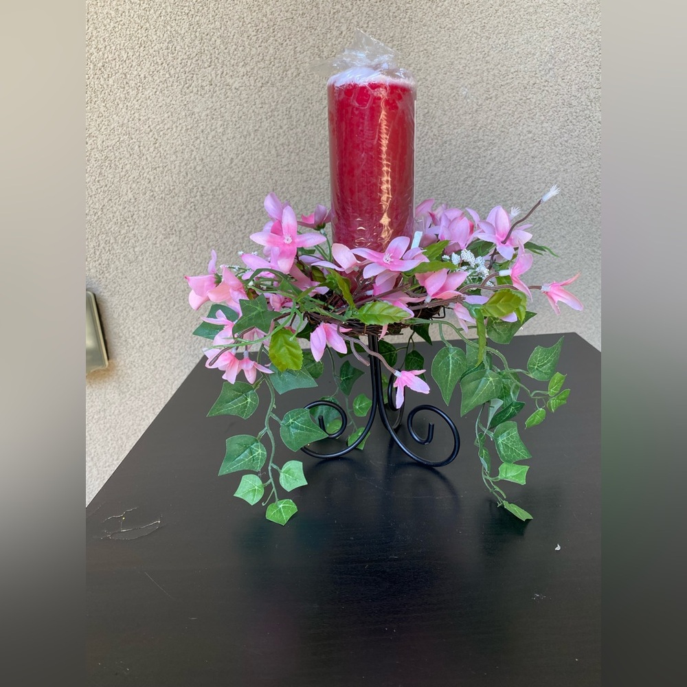 Pink Faux Floral Candle Wreath Centerpiece with Tan Candle